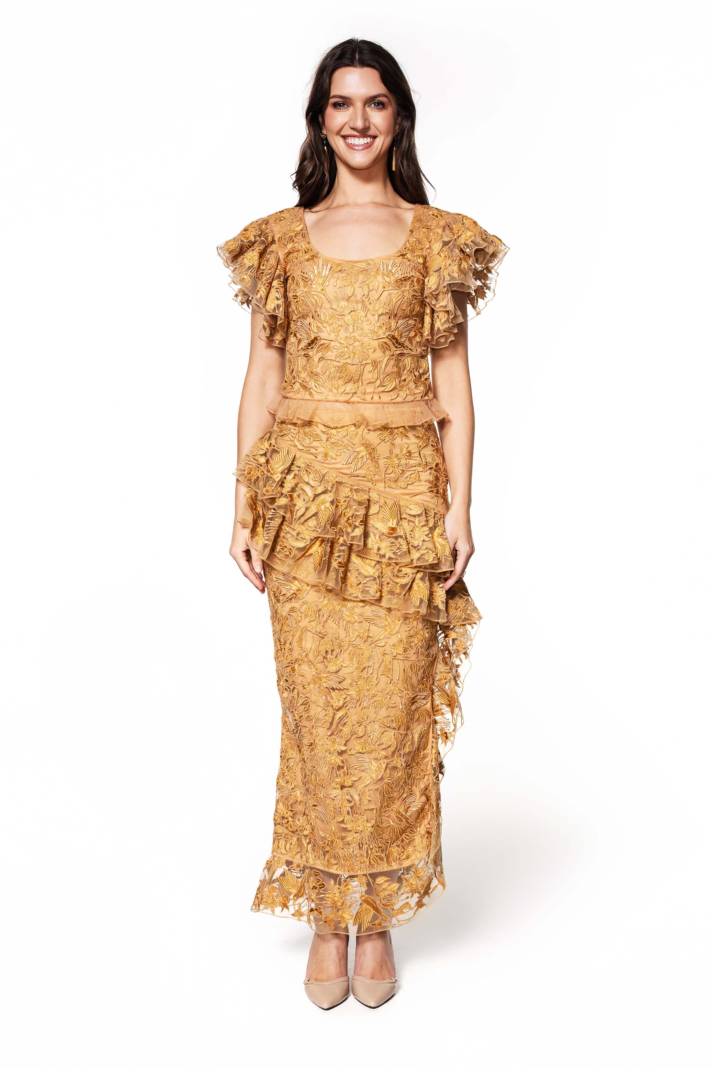 Golden Rhapsody Embroidered Top & Skirt Ensemble