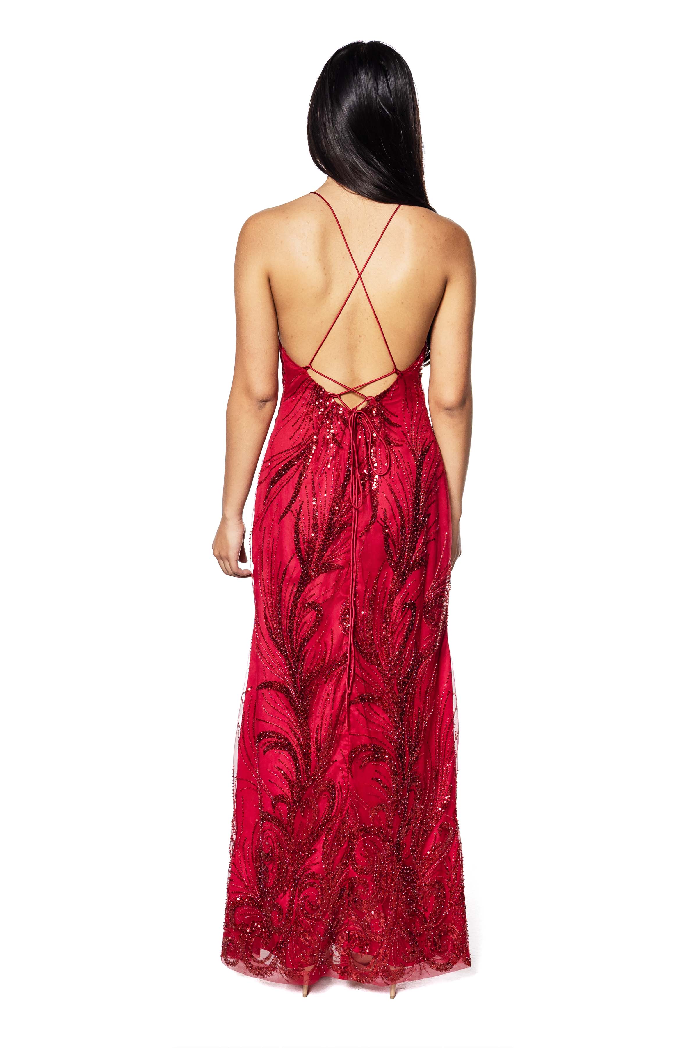 Crimson Elegance Embellished Gown