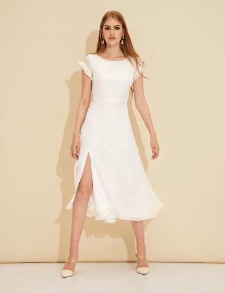 Aurora Ruffle-Sleeve Fitted Midi Dress with Front Slit