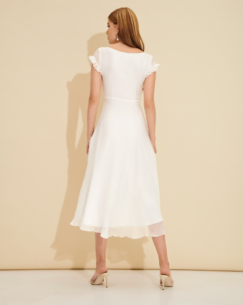 Aurora Ruffle-Sleeve Fitted Midi Dress with Front Slit