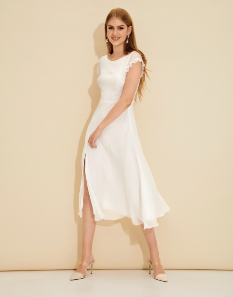 Aurora Ruffle-Sleeve Fitted Midi Dress with Front Slit