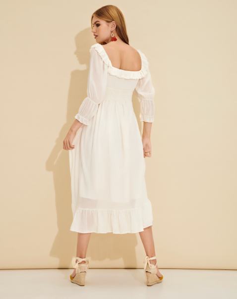 Deneb White Ruffle-Trim Smocked Midi Dress