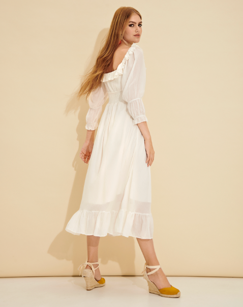 Deneb White Ruffle-Trim Smocked Midi Dress