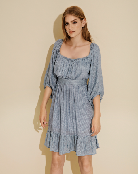 Selene Dusty Blue Balloon-Sleeve Smocked Waist Mini Dress