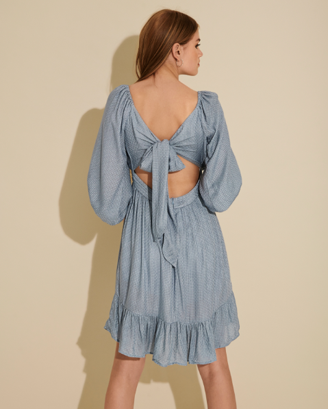 Selene Dusty Blue Balloon-Sleeve Smocked Waist Mini Dress