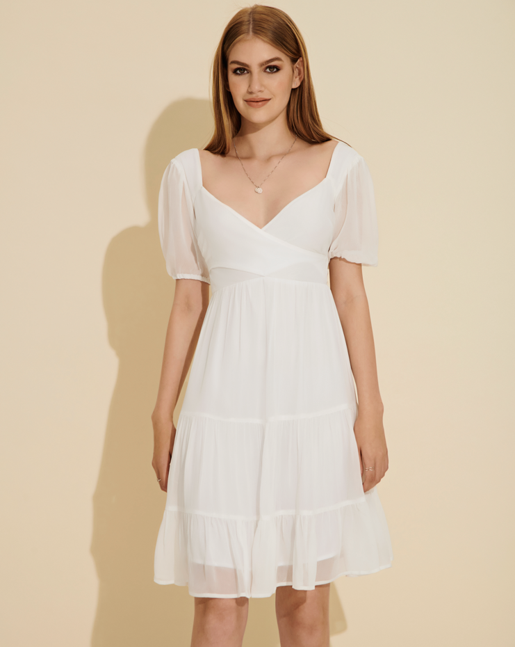 Estelle Puff-Sleeve Wrap Bodice Tiered Mini Dress
