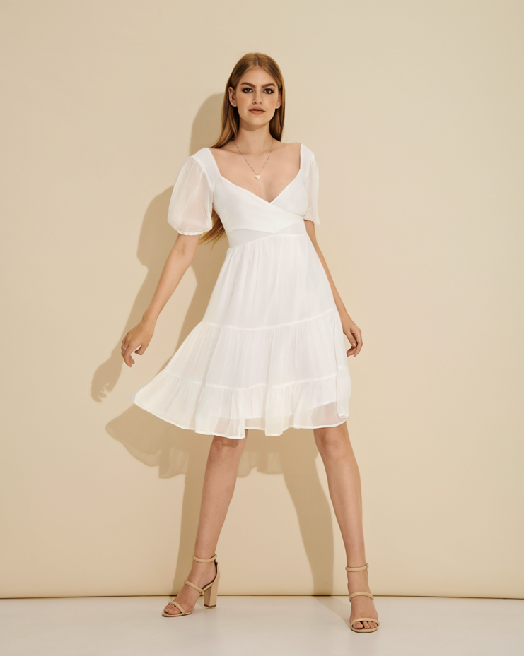 Estelle Puff-Sleeve Wrap Bodice Tiered Mini Dress