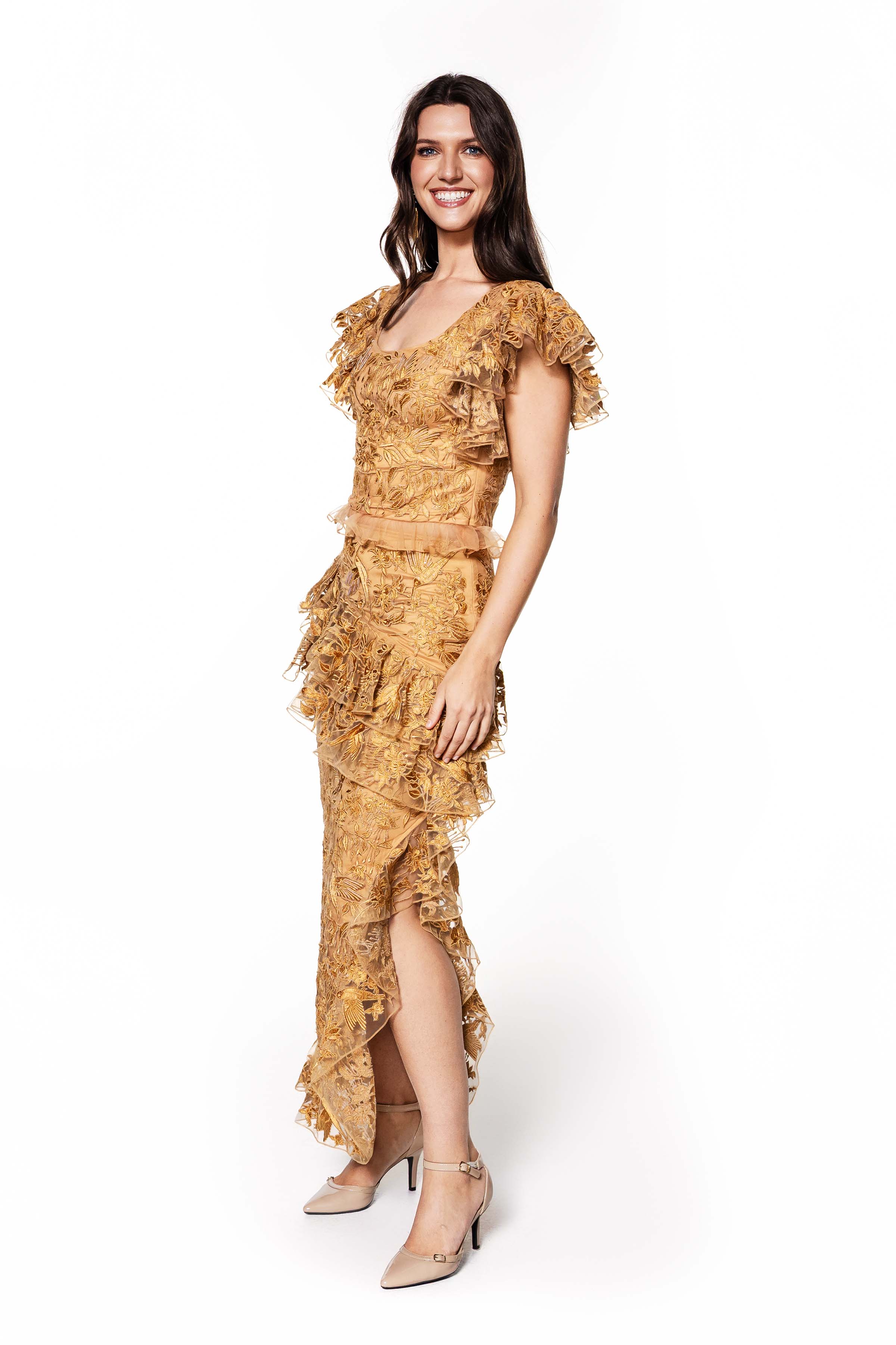 Golden Rhapsody Embroidered Top & Skirt Ensemble