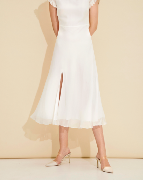 Aurora Ruffle-Sleeve Fitted Midi Dress with Front Slit