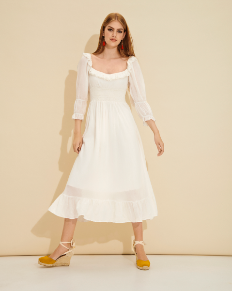 Deneb White Ruffle-Trim Smocked Midi Dress