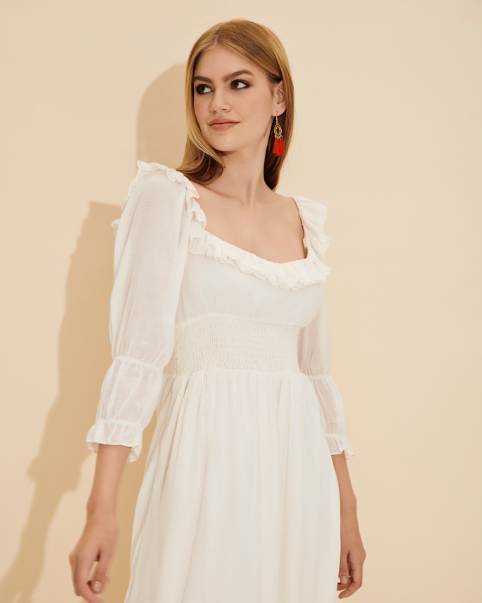 Deneb White Ruffle-Trim Smocked Midi Dress