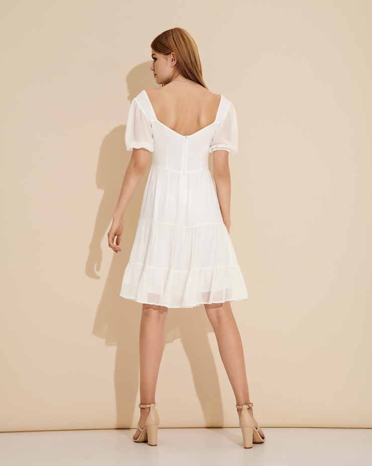 Estelle Puff-Sleeve Wrap Bodice Tiered Mini Dress