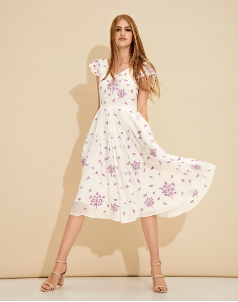 Celeste Floral Embroidered Flutter-Sleeve Midi Dress