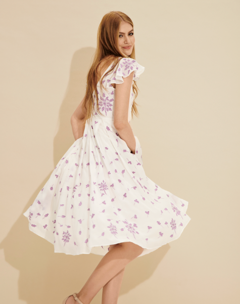 Celeste Floral Embroidered Flutter-Sleeve Midi Dress