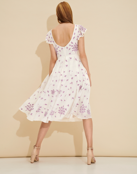 Celeste Floral Embroidered Flutter-Sleeve Midi Dress