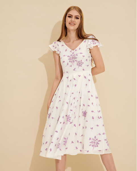 Celeste Floral Embroidered Flutter-Sleeve Midi Dress