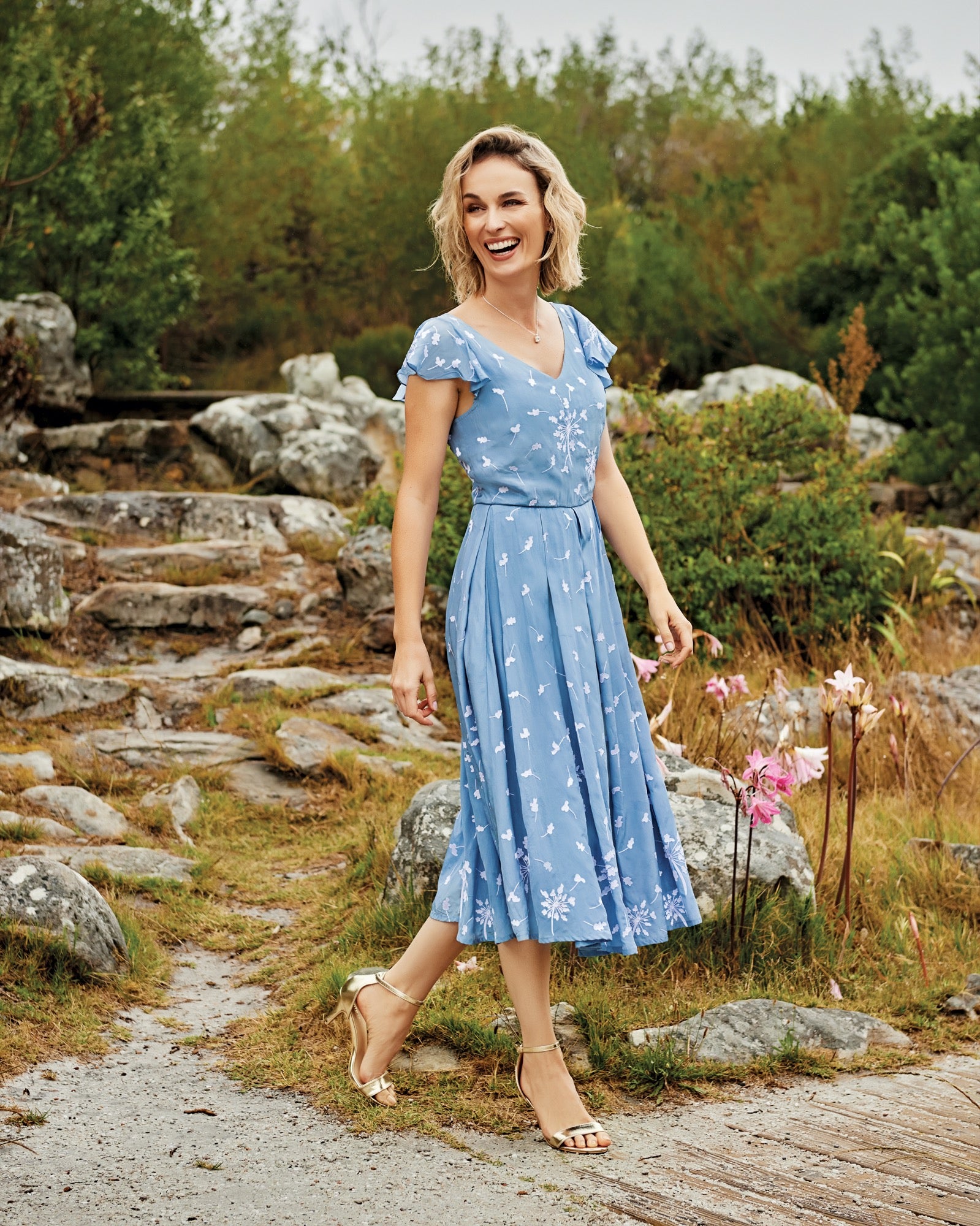 Chelsea Embroidered V-Neck Tea-Length Dress - Melangestyle